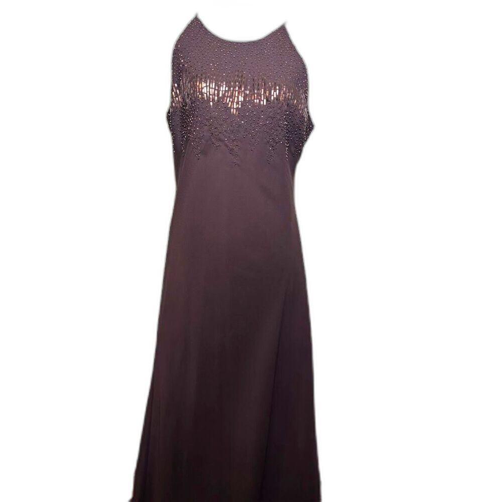 VTG Cachet Gown Beaded Dress Size 12 Brown Jeweled High Neck Prom Event y2k